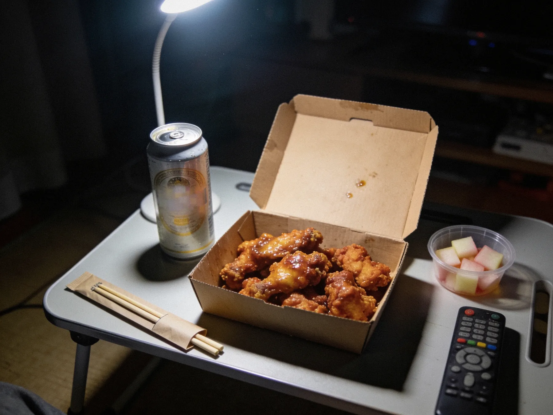 밤에 플래시를 터뜨려 찍은 자취방 접이식 테이블 위 치킨 상자와 맥주